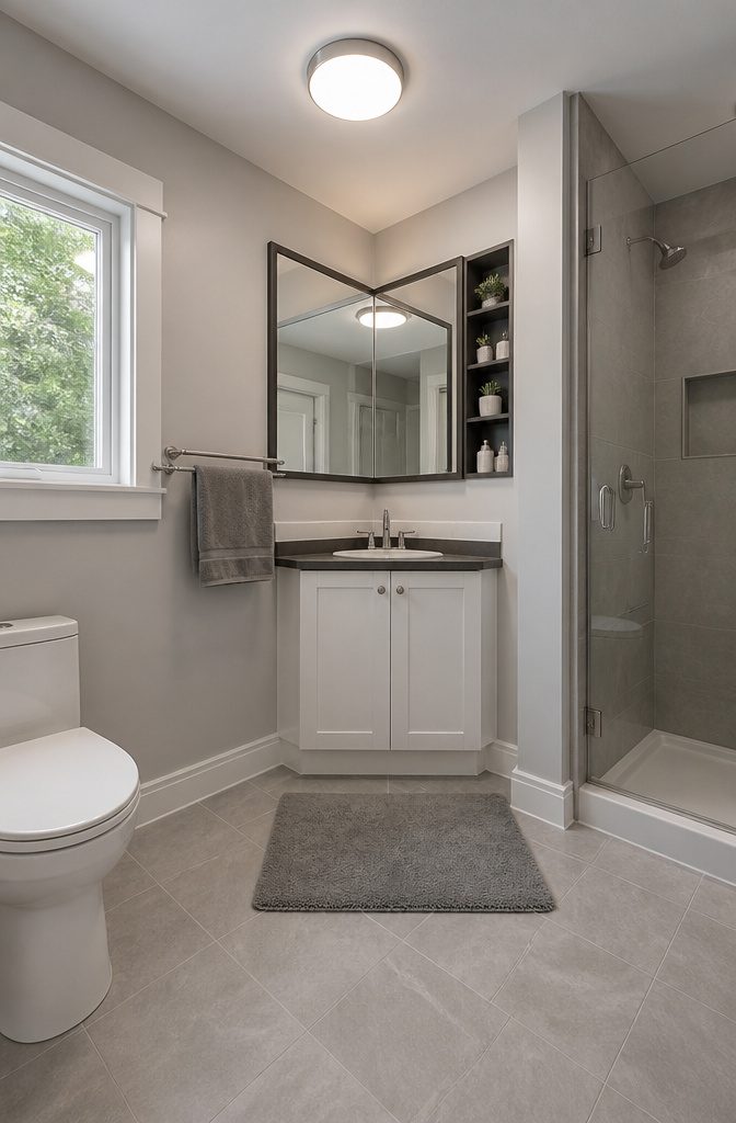 15 Bathroom Mirror Ideas for 2026 – Types, Styles & Trends 4 Corner mirror installed where two walls meet in a small bathroom.