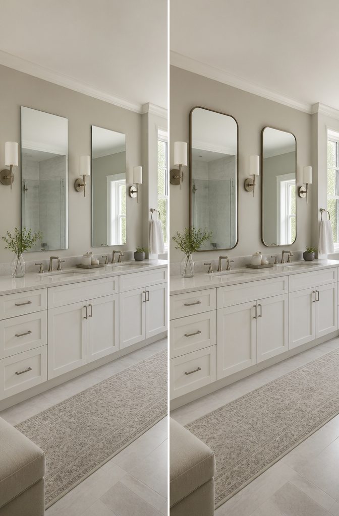 15 Bathroom Mirror Ideas for 2026 – Types, Styles & Trends 5 Two vertical mirrors positioned above a double vanity sink.