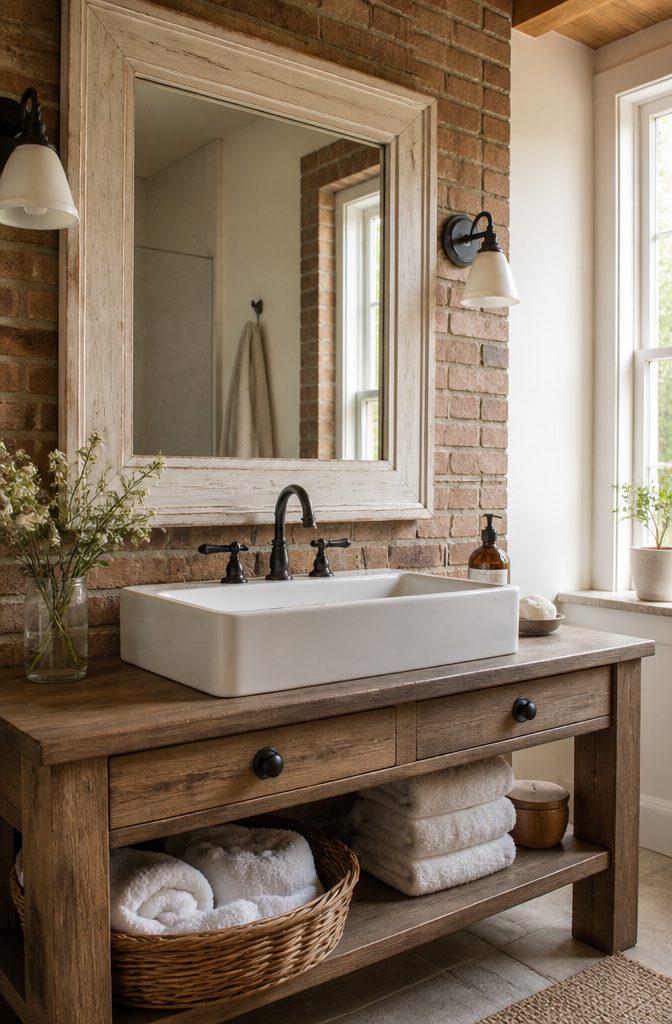 15 Bathroom Mirror Ideas for 2026 – Types, Styles & Trends 9 Farmhouse-style mirror with a wooden frame above a sink.