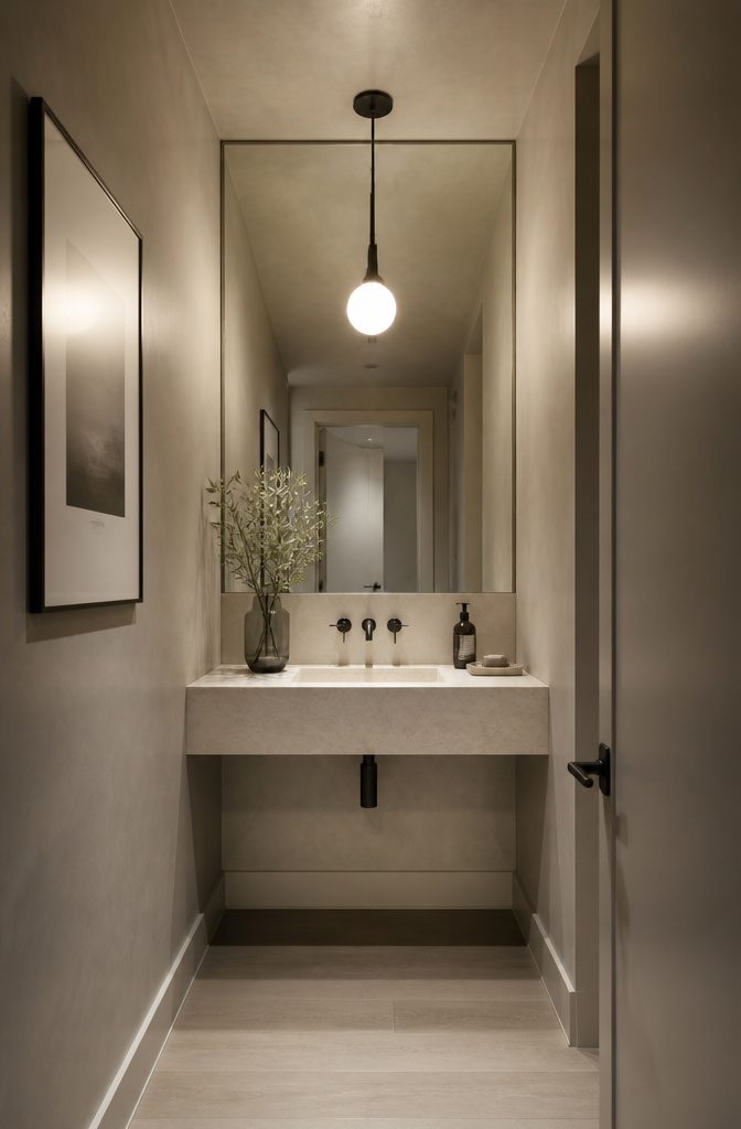 15 Bathroom Mirror Ideas for 2026 – Types, Styles & Trends 7 Full-wall mirror reflecting light in a narrow bathroom.