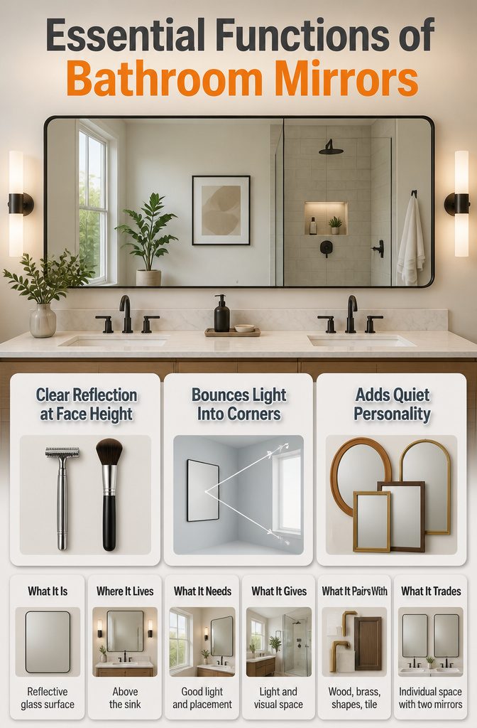 15 Bathroom Mirror Ideas for 2026 – Types, Styles & Trends 16 Illustration showing the essential functions of bathroom mirrors.