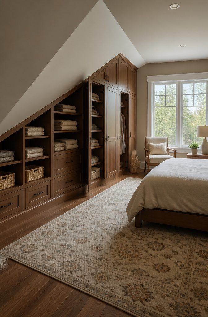 10 Bedroom Storage Ideas to Maximize Every Inch (2026) 6 Built-in shelves and a window seat under a sloped ceiling.