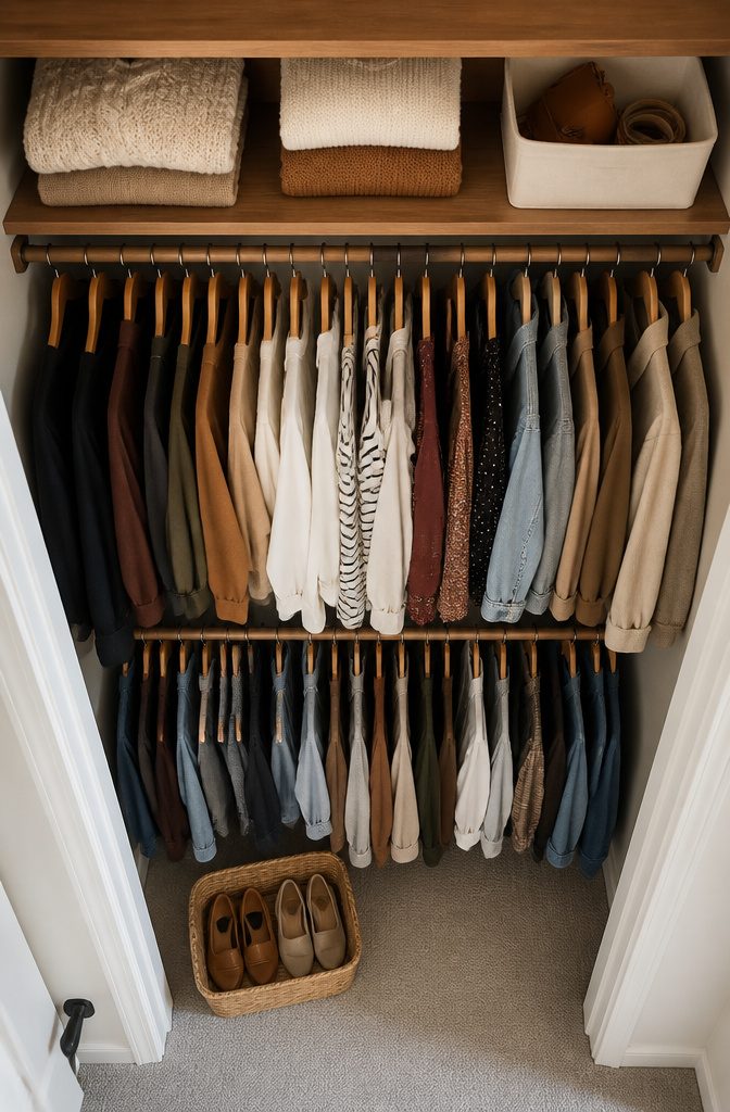 10 Bedroom Storage Ideas to Maximize Every Inch (2026) 9 A well-organized closet with two hanging rods for clothing.