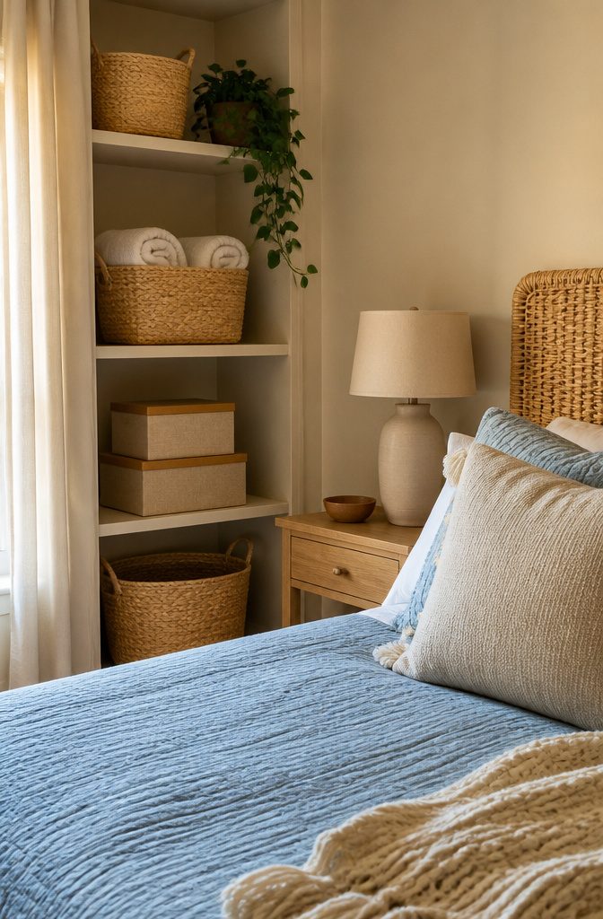 10 Bedroom Storage Ideas to Maximize Every Inch (2026) 10 Woven baskets and lidded boxes used for decorative storage.