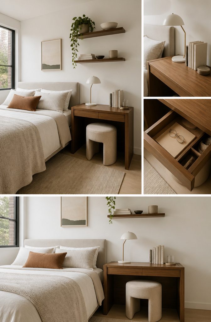 10 Bedroom Storage Ideas to Maximize Every Inch (2026) 4 A desk acting as a nightstand with a chair nearby.