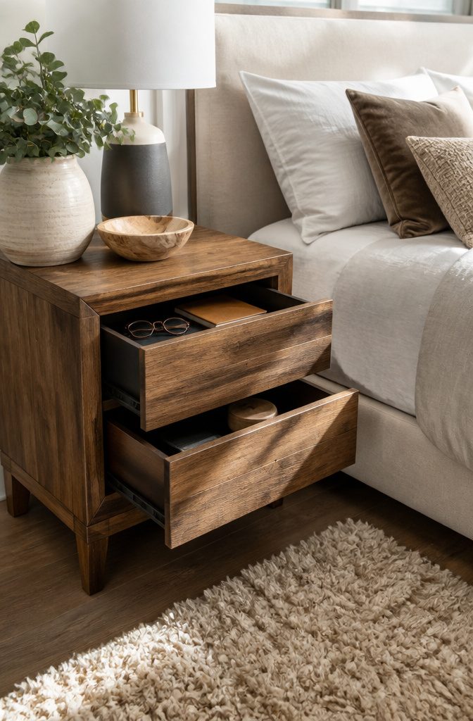 10 Bedroom Storage Ideas to Maximize Every Inch (2026) 5 A nightstand with two opened drawers beside a queen bed.