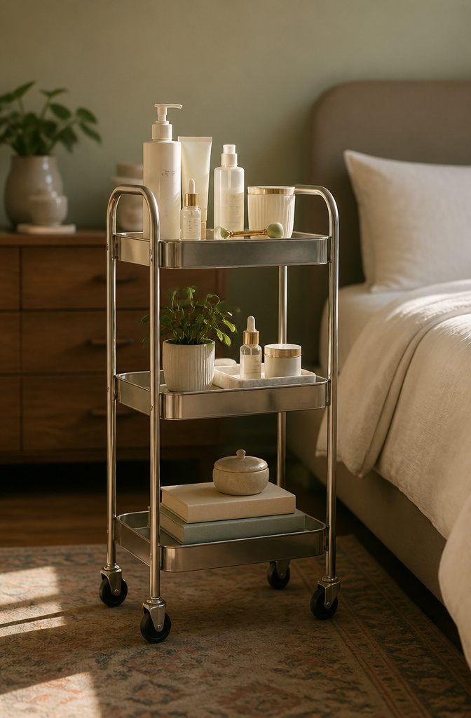 10 Bedroom Storage Ideas to Maximize Every Inch (2026) 8 A utility cart with multiple tiers placed beside a bed.