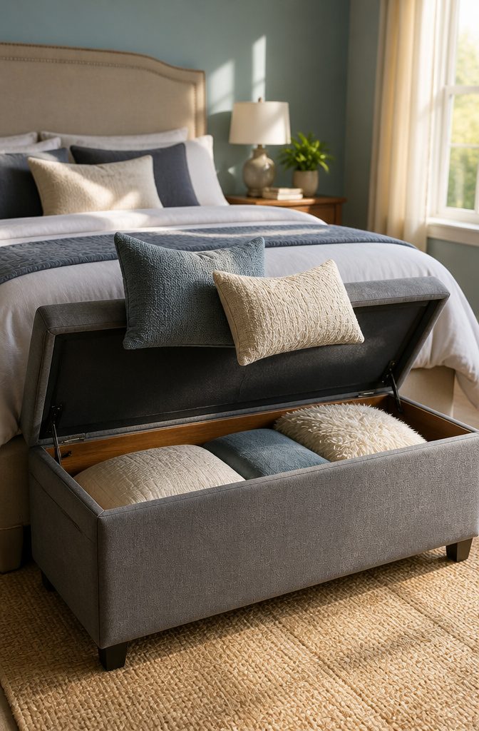 10 Bedroom Storage Ideas to Maximize Every Inch (2026) 2 A storage bench used for pillows and blankets at the bed's foot.