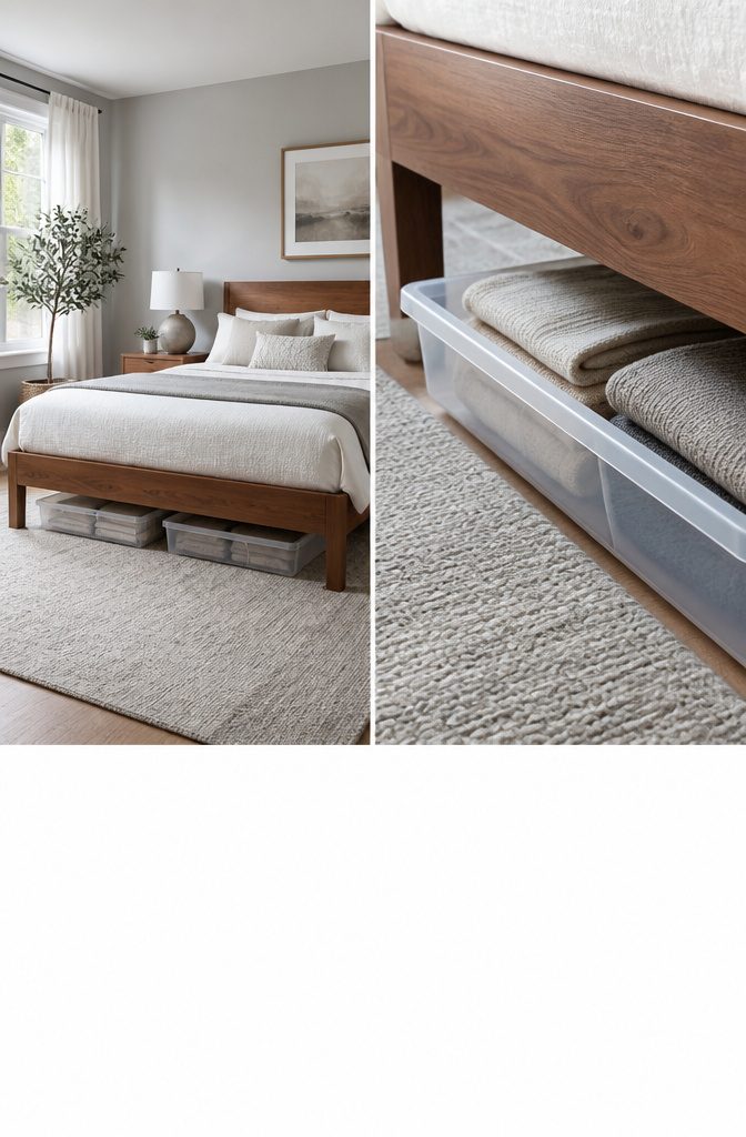 10 Bedroom Storage Ideas to Maximize Every Inch (2026) 1 Storage bins placed under a bed frame for maximizing space.