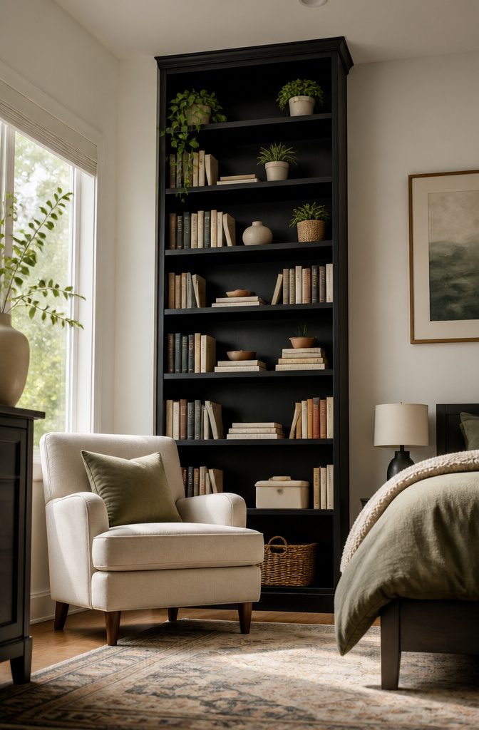 10 Bedroom Storage Ideas to Maximize Every Inch (2026) 11 Tall bookcases and wall-mounted shelves in a bedroom.