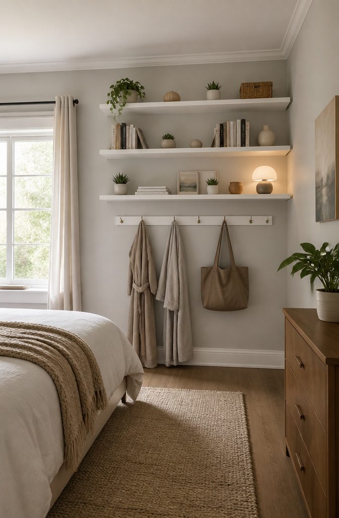 10 Bedroom Storage Ideas to Maximize Every Inch (2026) 3 Floating shelves on a wall holding books and a small plant.