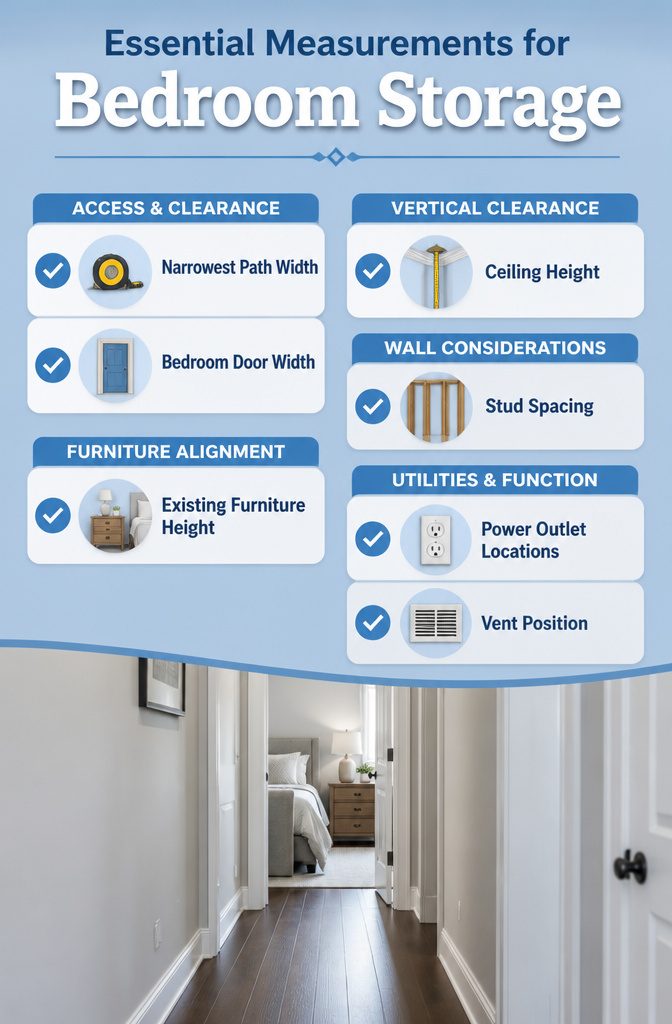 10 Bedroom Storage Ideas to Maximize Every Inch (2026) 14 A tape measure and notebook on a floor next to a doorway.
