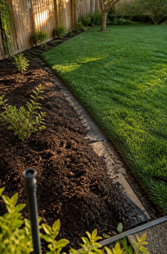 Thick lawn grass growing close together beside a mulched garden bed