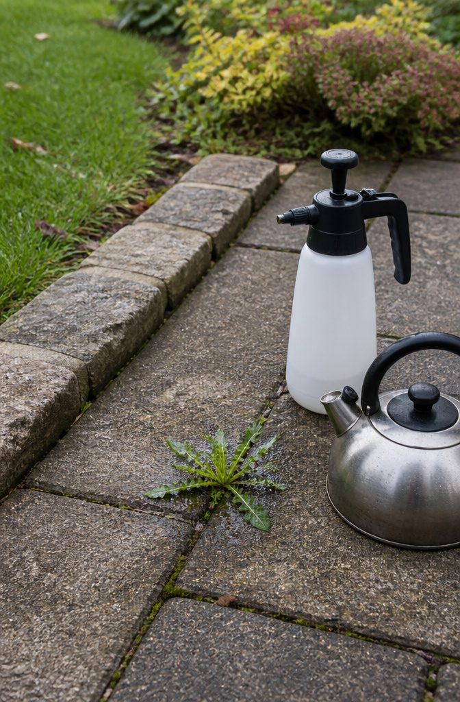 Broadleaf weed in a patio crack beside a plain garden sprayer and metal kettle
