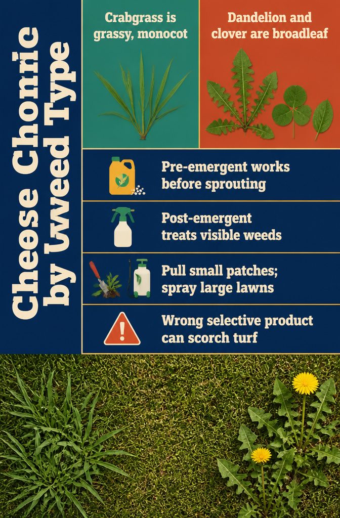 Weed control information graphic comparing grassy weeds with broadleaf weeds