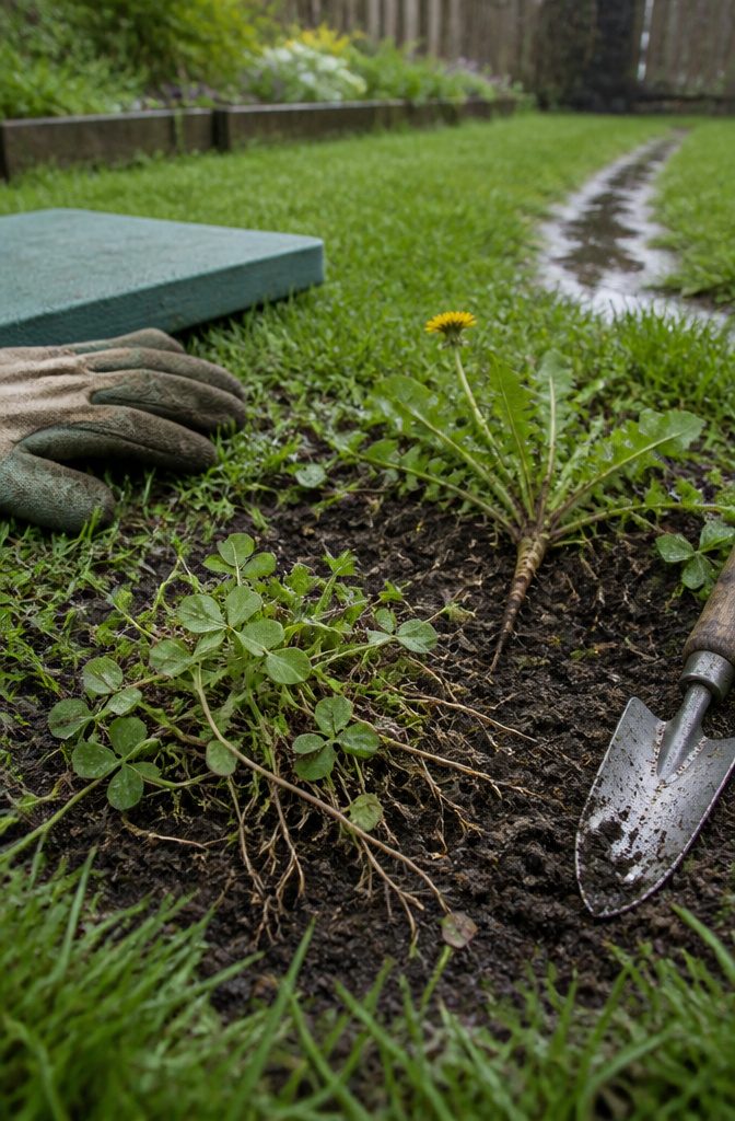Hand gripping a weed beside a small garden trowel in lawn soil
