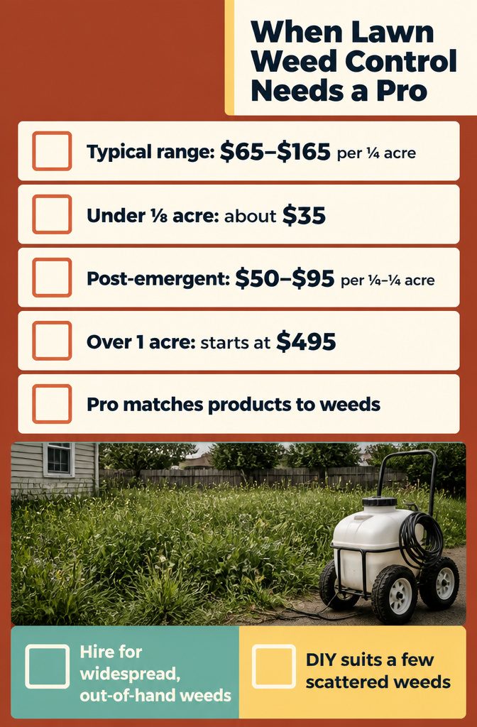 Lawn care information graphic with professional weed control costs and service details