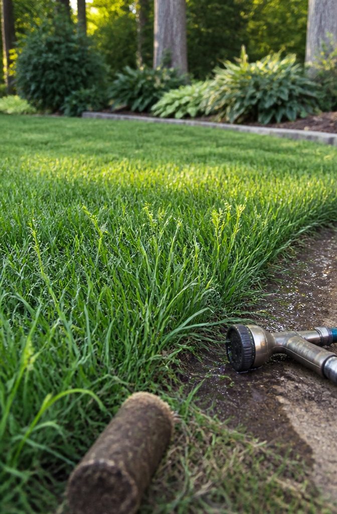 Dense lawn grass beside exposed soil and a blurred aeration plug