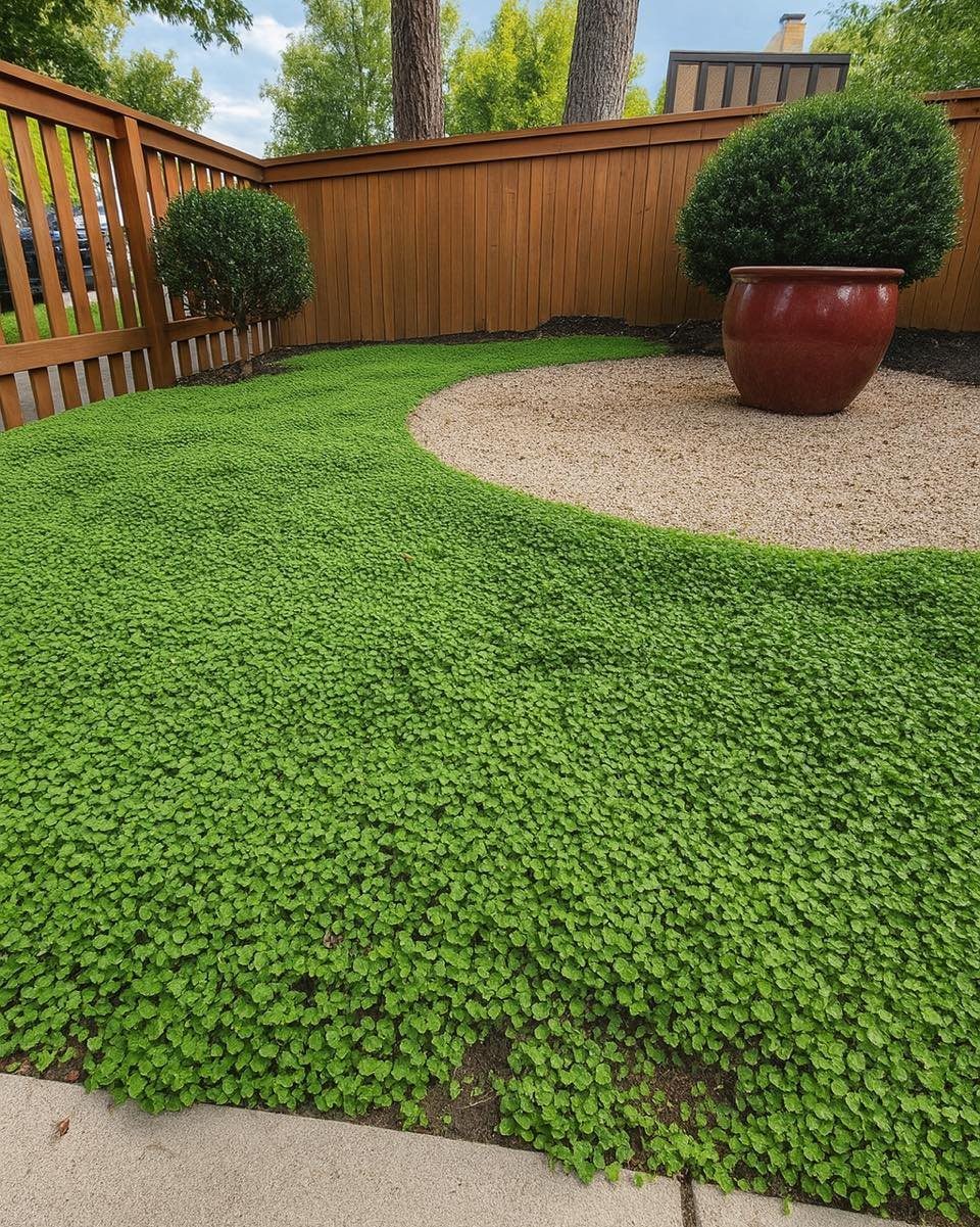 Green clover lawn next to a gravel circle and wooden fence in a backyard