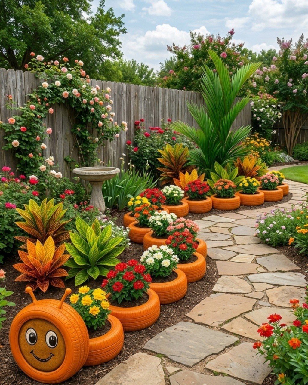 Orange painted tire planters with colorful flowers along a stone garden path.