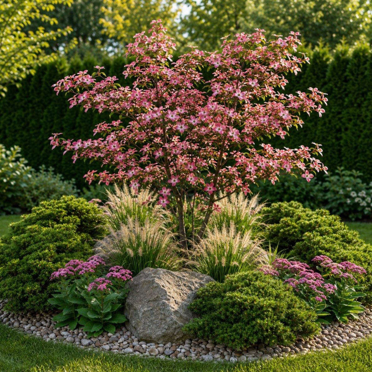 Pink flowering tree in a circular garden bed with a large rock and pebbles.