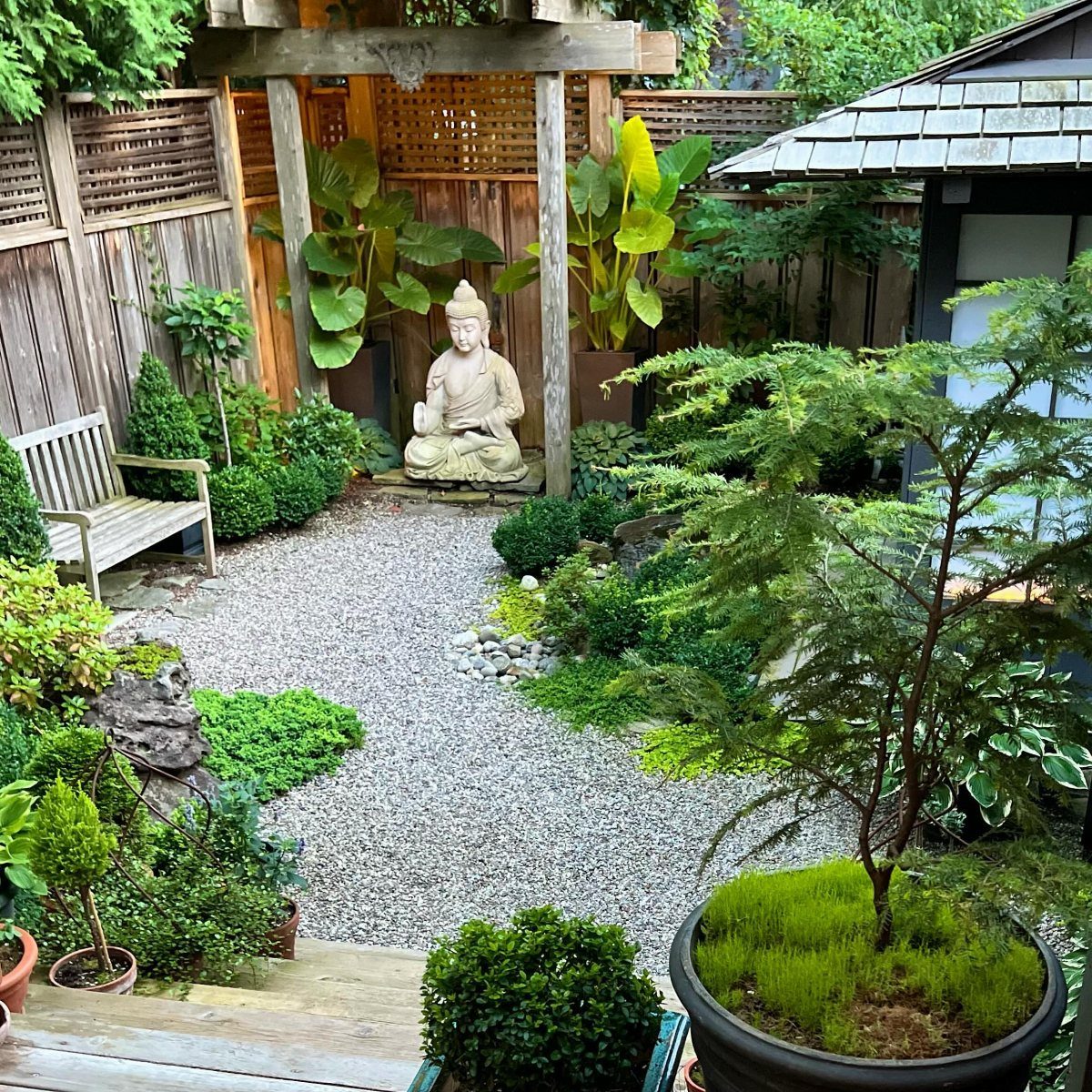 Zen garden with a Buddha statue, gravel path, and lush green foliage.