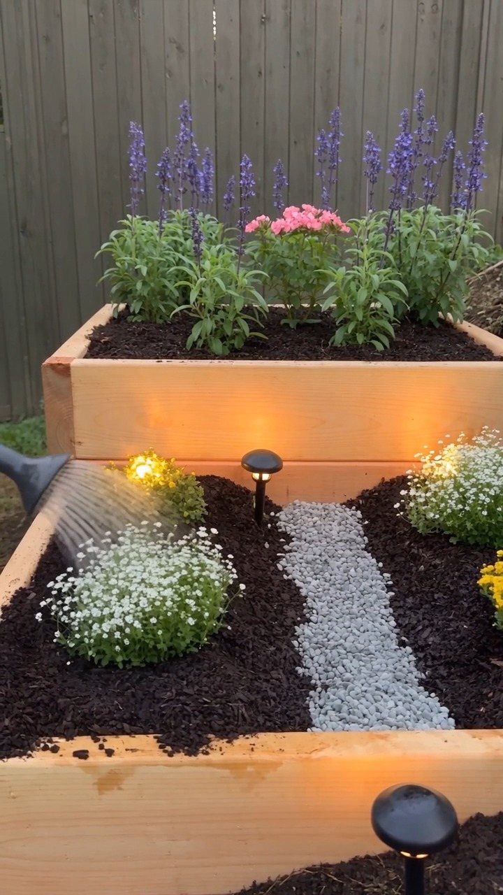 14 Cheap Garden Makeover Ideas to Refresh Your Yard 4 Tiered wooden garden beds with dark bark mulch, gravel path, and colorful flowers.