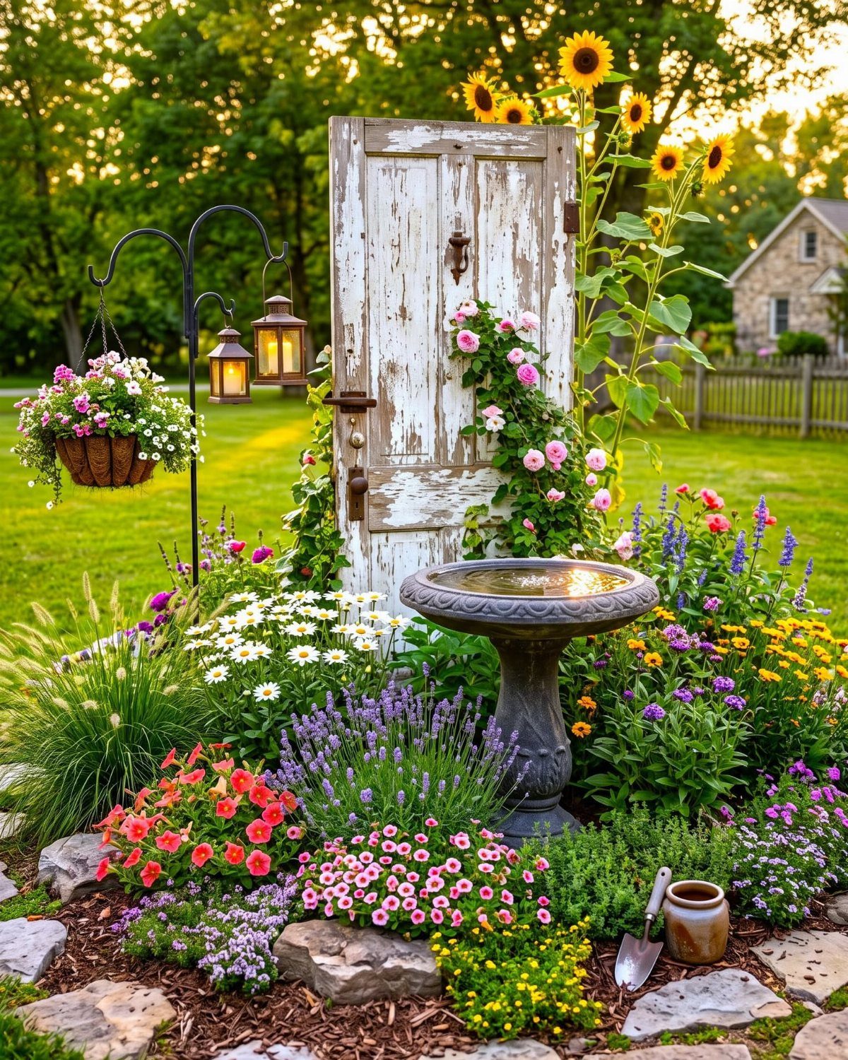 14 Cheap Garden Makeover Ideas to Refresh Your Yard 1 Weathered white garden door surrounded by colorful flowers and a stone bird bath.
