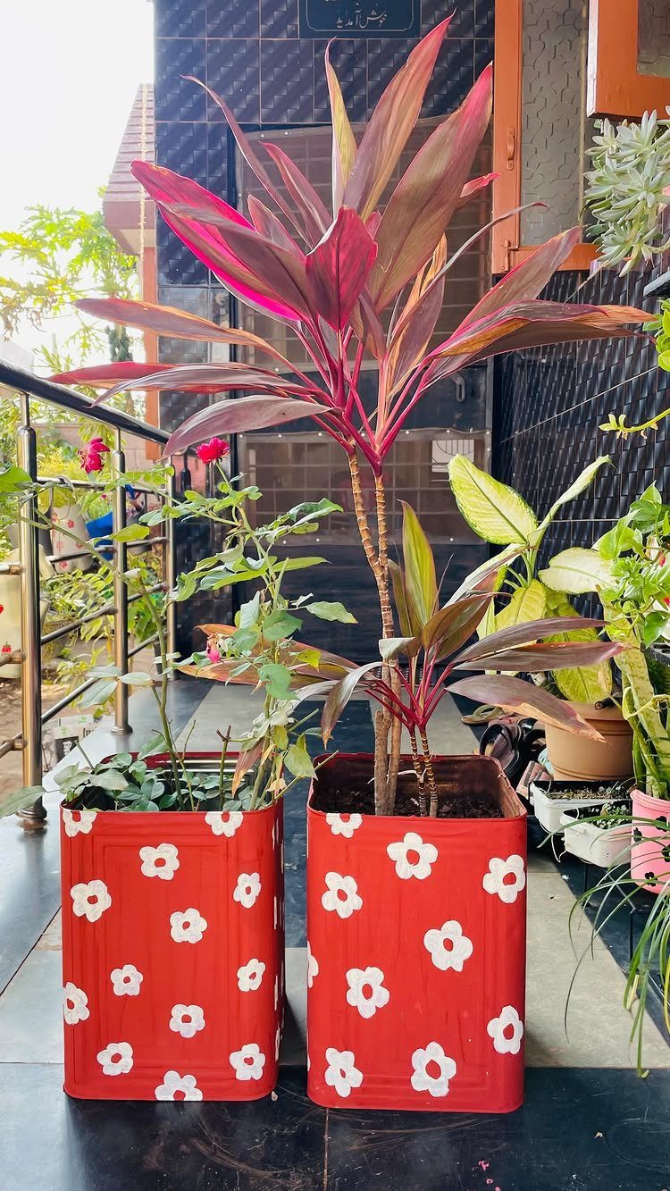 14 Cheap Garden Makeover Ideas to Refresh Your Yard 2 Red planters with white flower patterns holding various garden plants on a balcony.