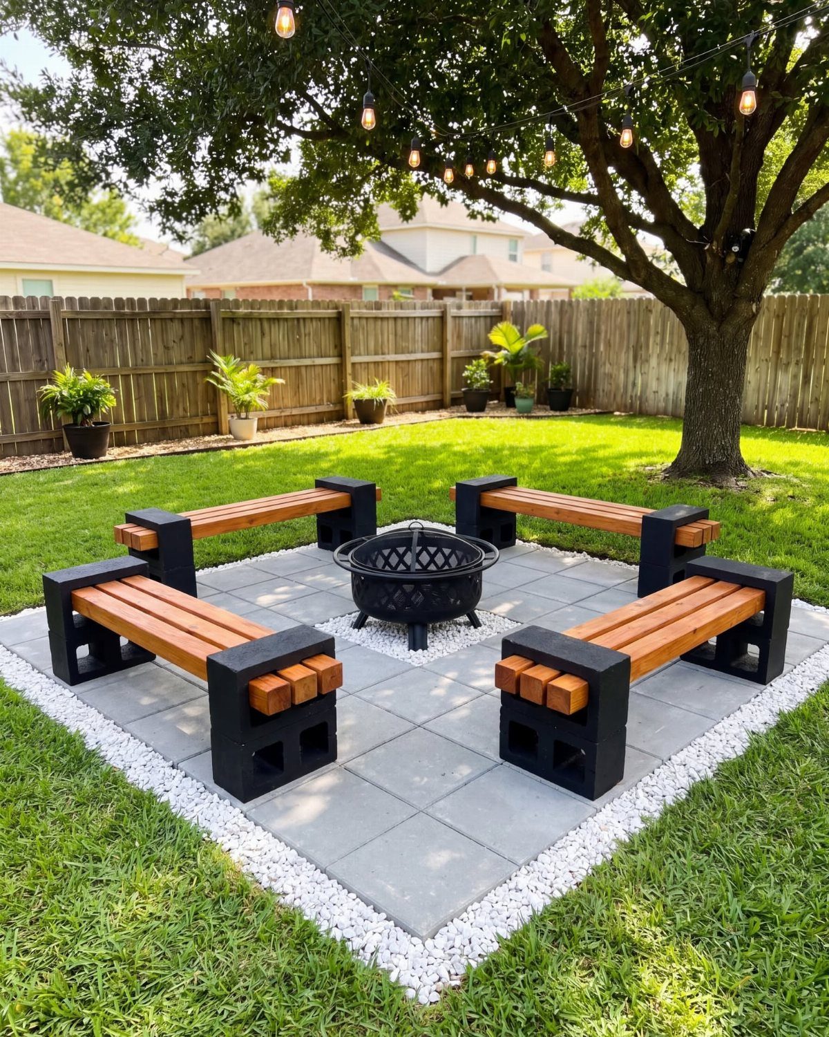 14 Cheap Garden Makeover Ideas to Refresh Your Yard 7 Black metal fire pit surrounded by wooden benches on a paved garden patio.
