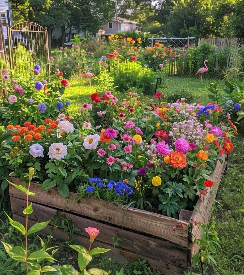 14 Cheap Garden Makeover Ideas to Refresh Your Yard 5 Wooden raised flower bed overflowing with colorful dahlias in a sunny backyard garden.