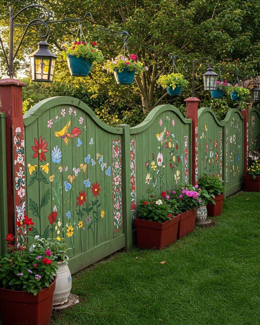 14 Cheap Garden Makeover Ideas to Refresh Your Yard 9 Green painted garden fence with colorful flower and bird murals and potted plants.