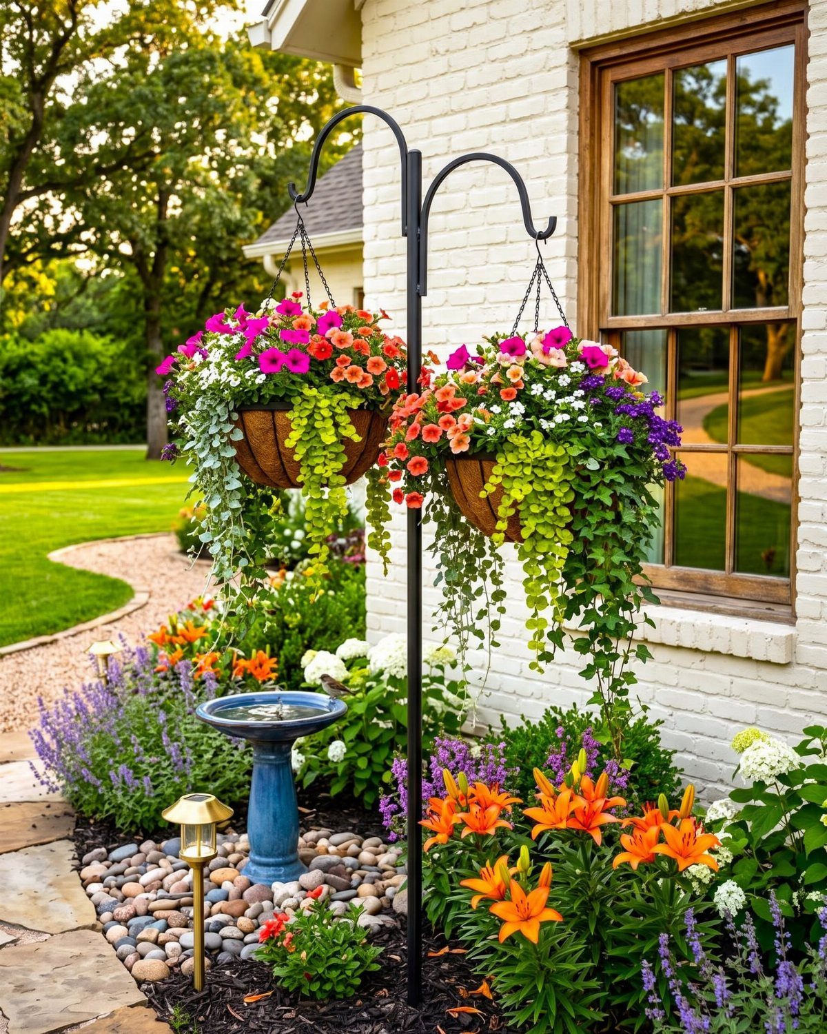 14 Cheap Garden Makeover Ideas to Refresh Your Yard 12 Colorful hanging flower baskets on a black stand in a lush garden setting.