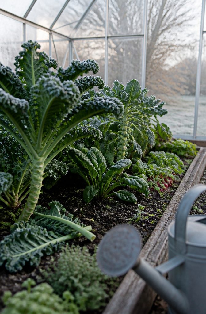 Winter greenhouse beds filled with kale and other leafy crops