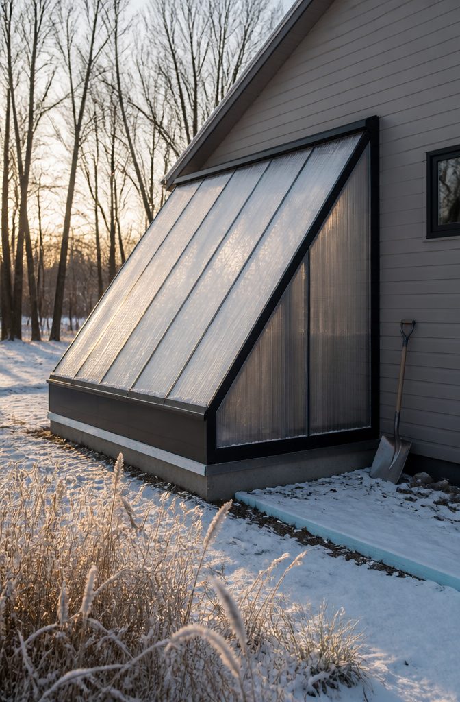 Greenhouse with steep glazed south wall and solid insulated sides