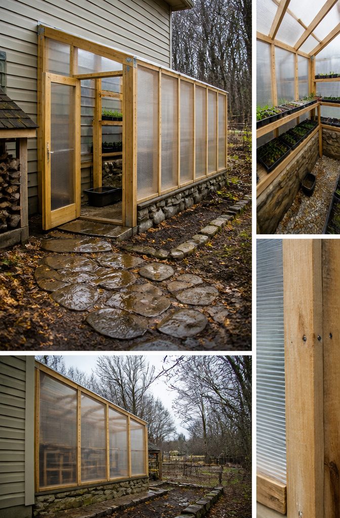 Wood-framed lean-to greenhouse with double-wall panels against a house