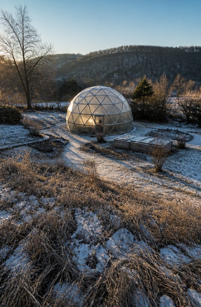 Plastic hoop house with curved pipe arches at a snowy site
