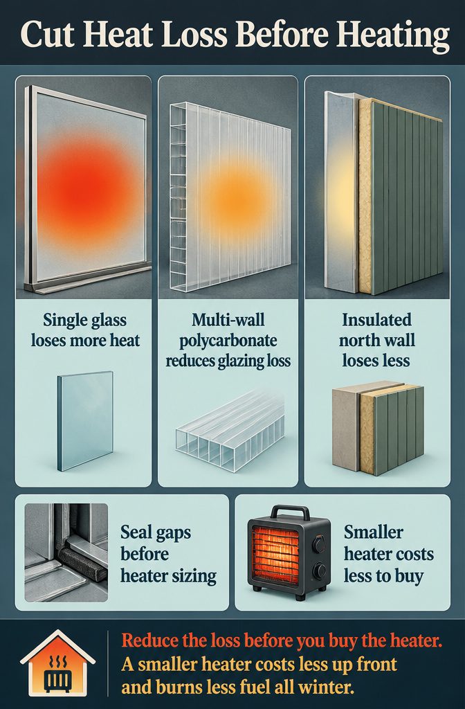 Greenhouse heat loss guide with insulated covering and sealed gaps