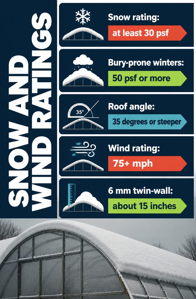 Greenhouse roof and frame diagram with snow and wind rating details