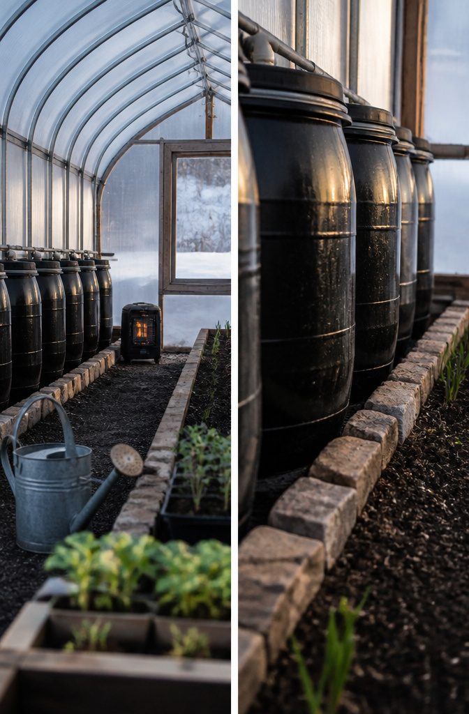 Black water barrels stacked beside greenhouse plants
