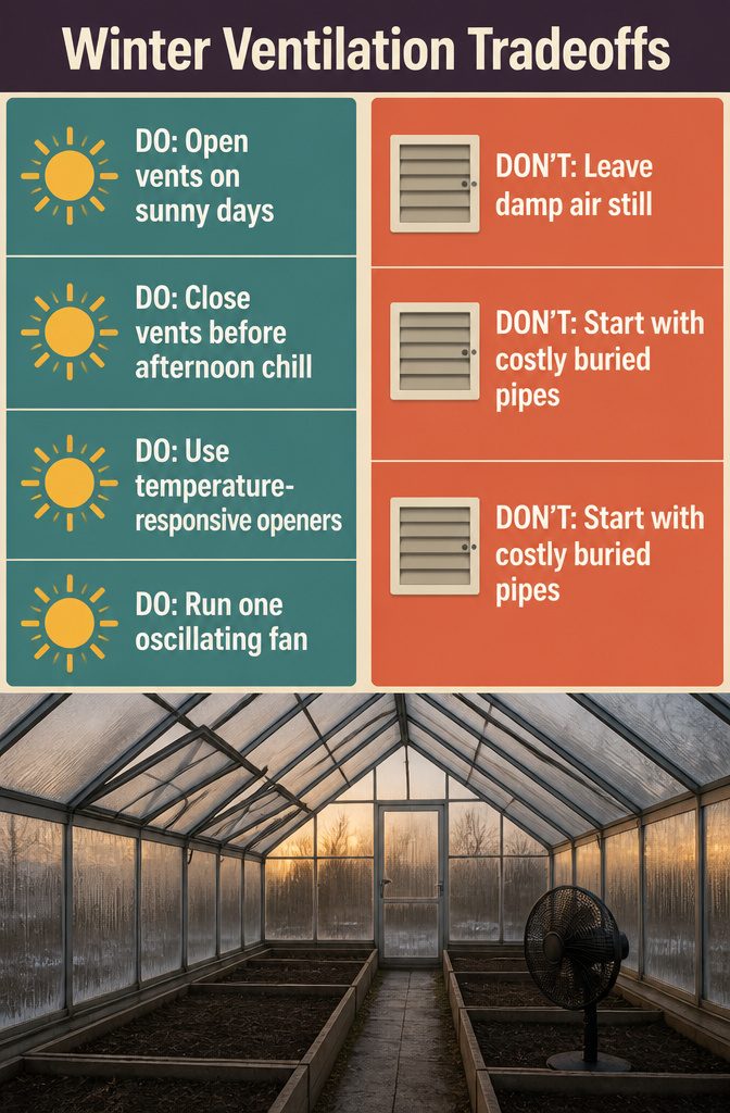 Greenhouse ventilation guide showing vents and a small oscillating fan