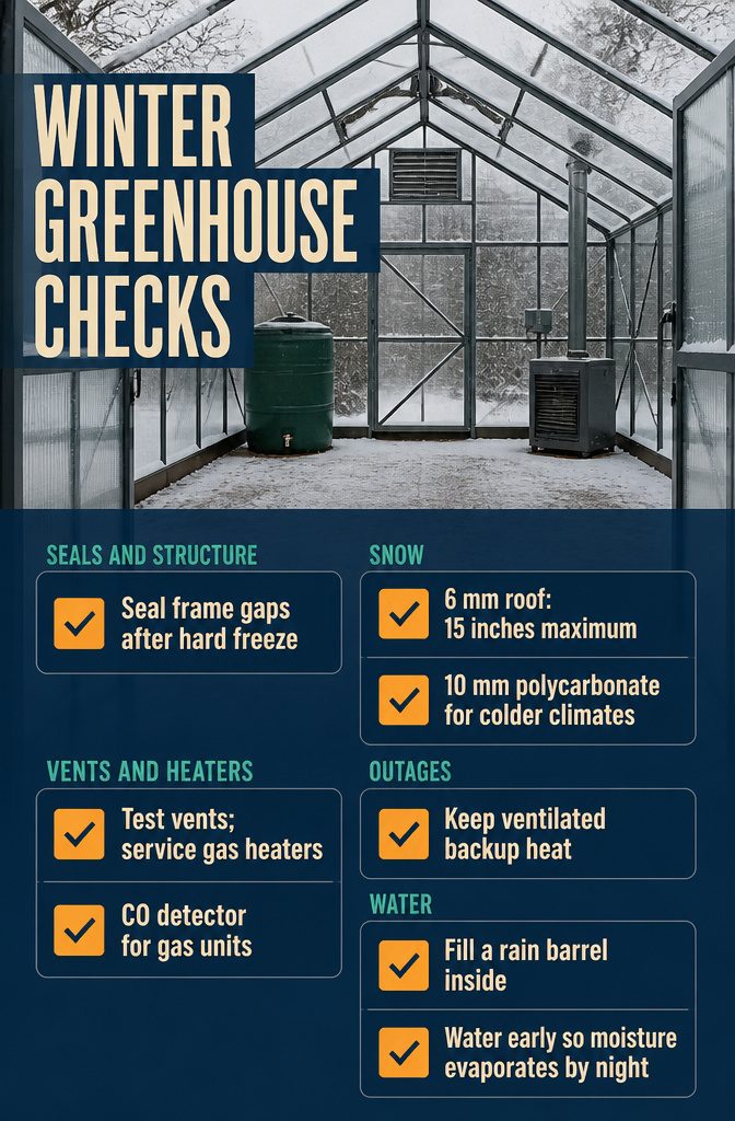 Winter greenhouse checklist listing seals snow vents heaters and water