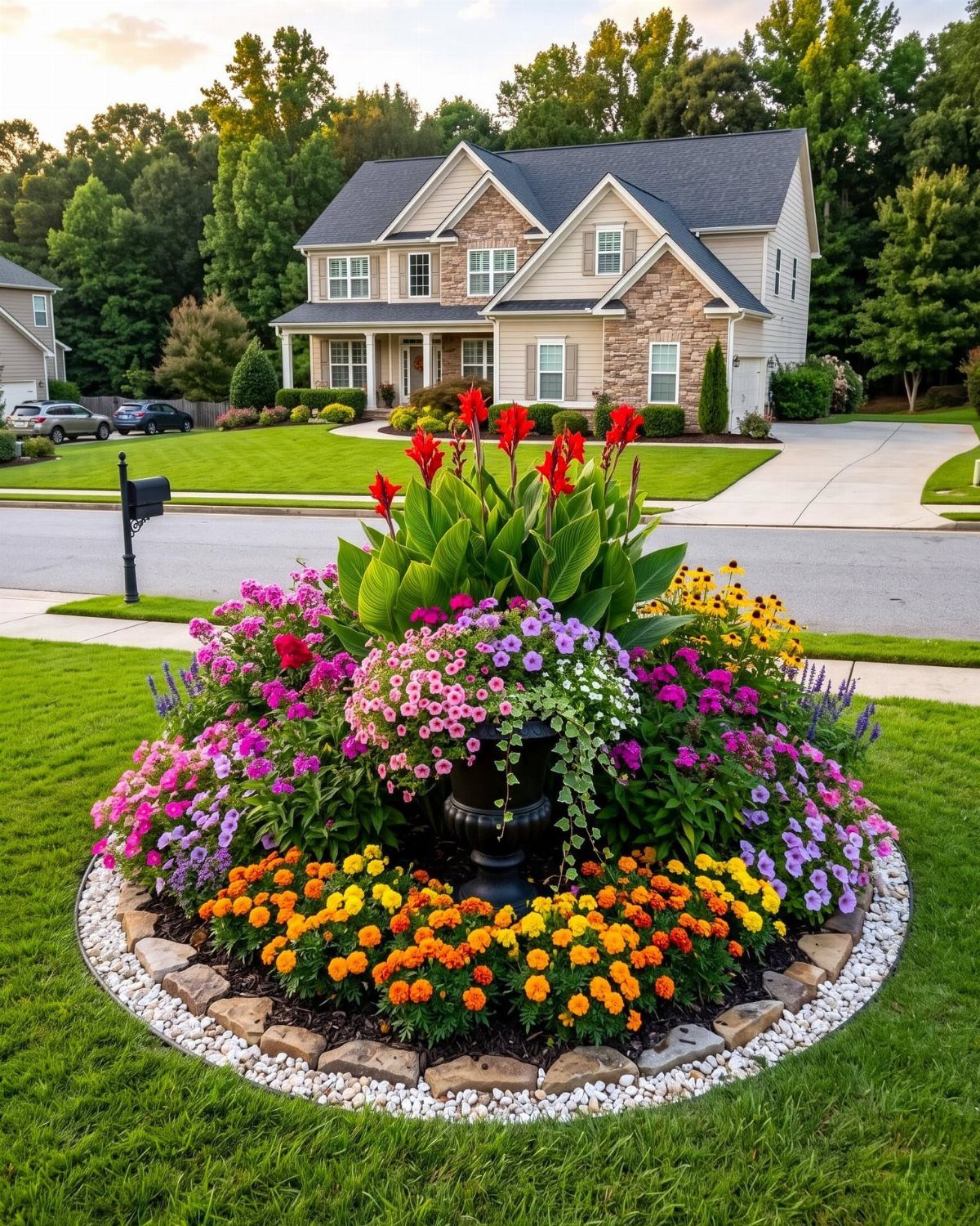 Colorful annual flowers in a circular stone garden bed in front of a house.