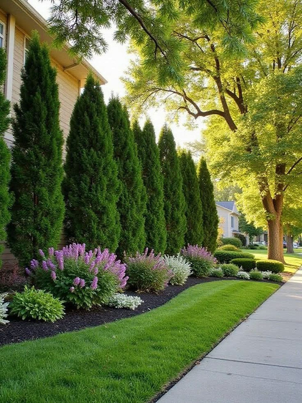 Tall conical evergreen shrubs screening a house foundation with purple flowers and dark mulch.