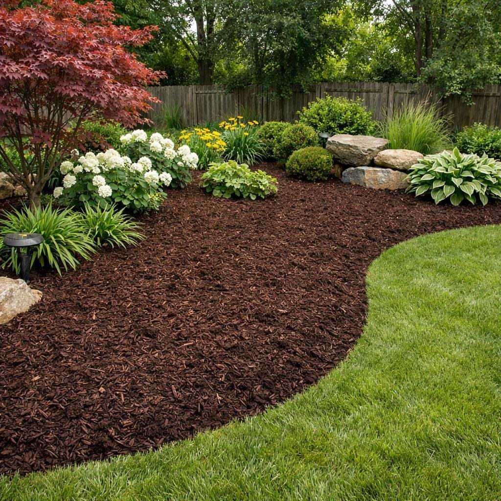 Dark brown fresh mulch in a garden bed surrounded by green lawn and shrubs.