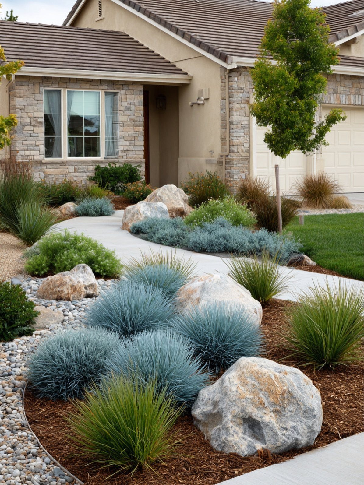 Ornamental grasses and boulders lining a curved concrete walkway in a residential front garden.
