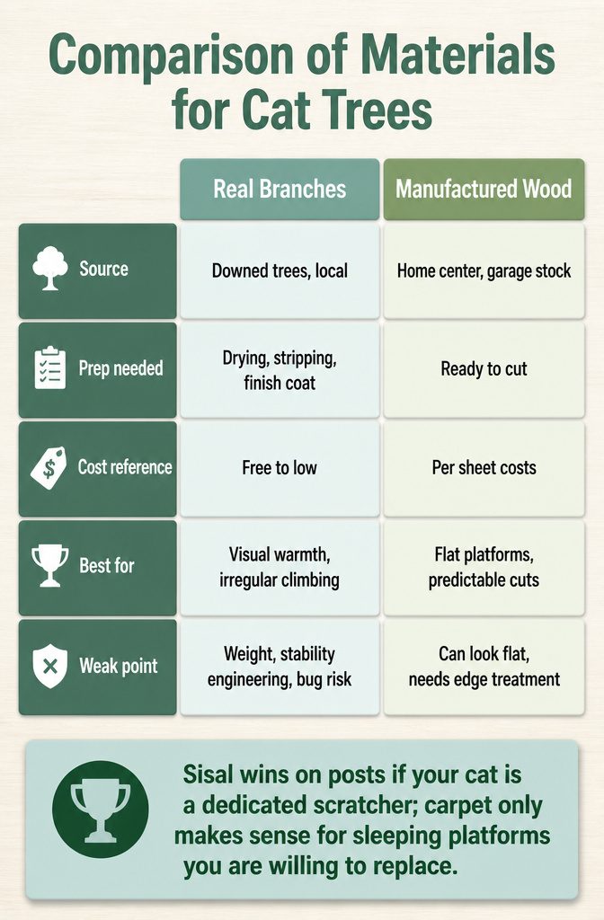 How to Build a DIY Cat Tree: 5 Plans for 2026 12 A chart comparing different materials used for cat trees.