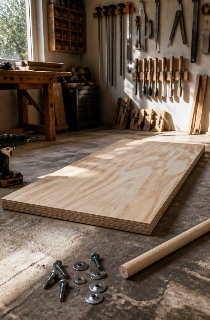 How to Build a DIY Cat Tree: 5 Plans for 2026 2 Plywood base resting on a workshop floor with tools scattered around.