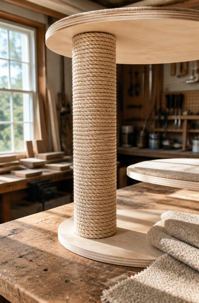 How to Build a DIY Cat Tree: 5 Plans for 2026 5 Close-up of a vertical post wrapped with sisal rope for scratching.