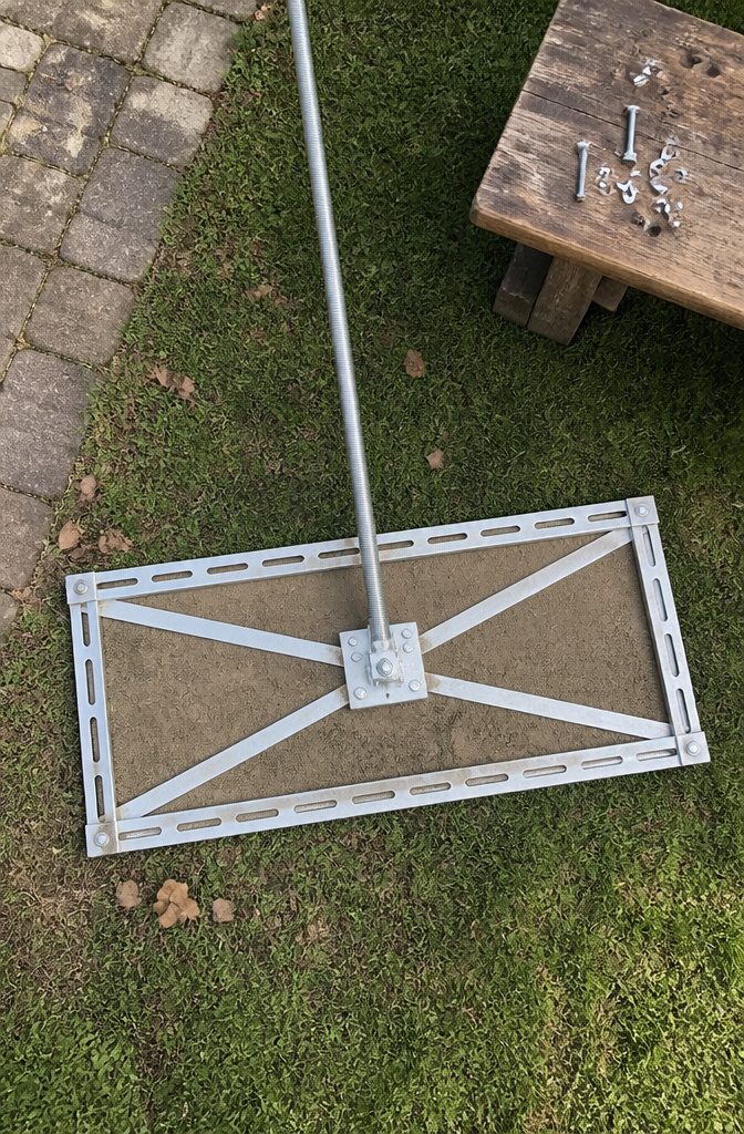 How to Do DIY Lawn Leveling in 7 Steps, From Measuring to Sod 9 Slotted metal frame with diagonal braces and a centered utility handle